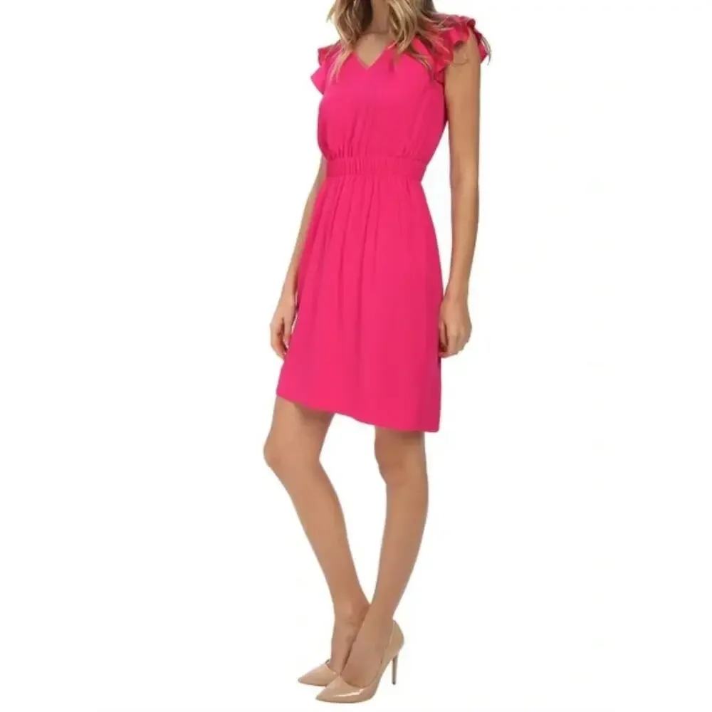 KATE SPADE Pink Fluid Crepe Frill Dress V-Neck Ruffle Sleeve Pullover Size 2